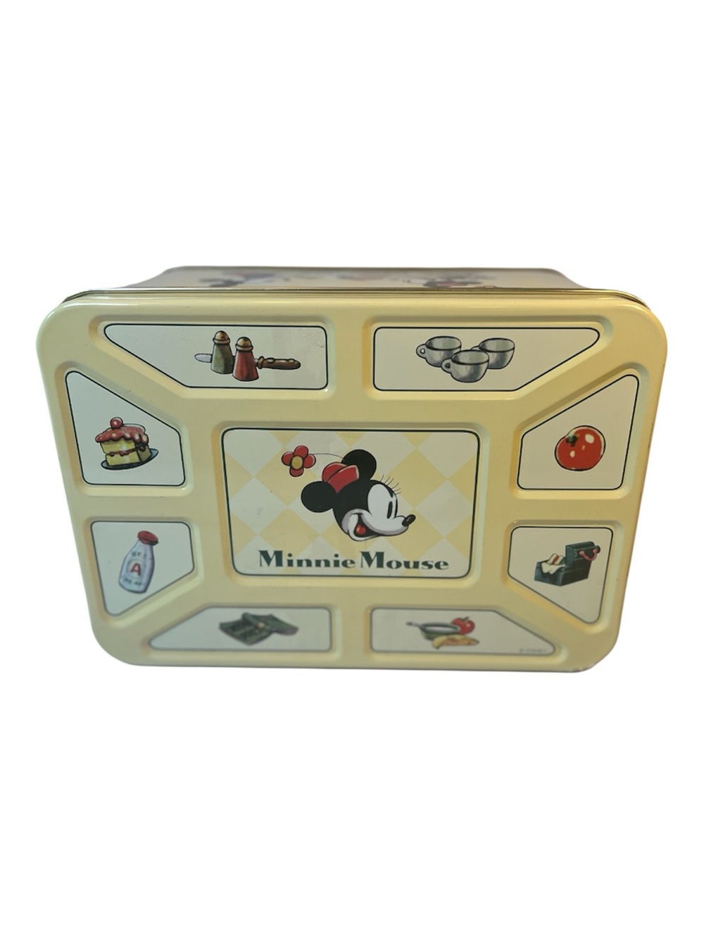 Vintage Minnie & Mickey Mouse Pale Yellow Tin Storage Box - Cute Picnic Design